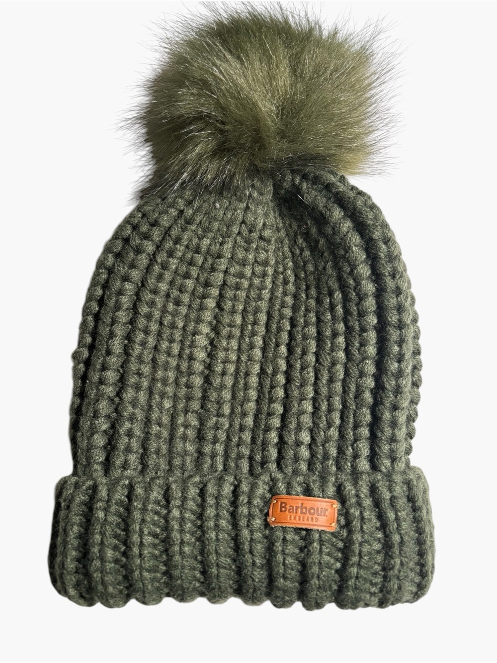 Barbour Saltburn Beanie Hat Olive Green Chunky Knit Faux Fur Pom Pom One Size